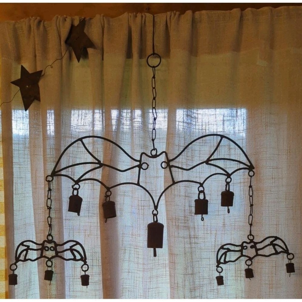 Antique Iron Rare Large BAT With Babies Rusty Tin Farm Bells Windchimes